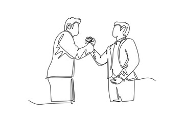 Single continuous line drawing young business man handshake his partner or colleague to deal a project. Business meeting cooperation concept. Dynamic one line draw graphic design vector illustration