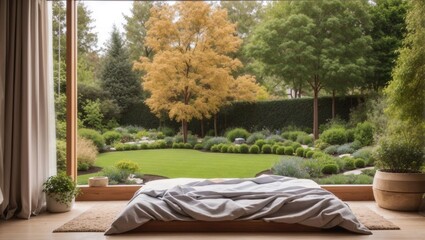 backyard landscape design with trees, bushes and sawdust. Beautiful view from bedroom window