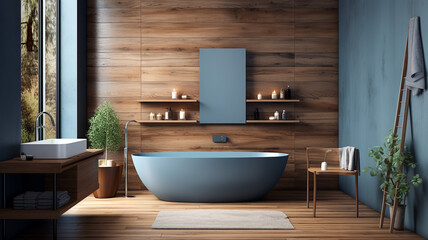Fototapeta na wymiar Comfortable bathtub and vanity with basin standing in modern bathroom with blue and wooden walls and wooden floor. Generative AI
