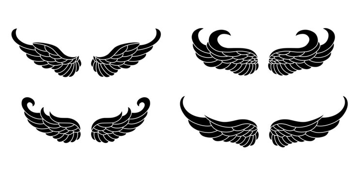 set of bird wings silhouettes on white background
