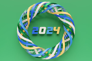 Calendar header number 2024 on multicolored torus background. Happy New Year 2024 colorful background.