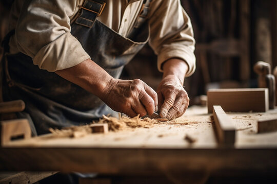 An unrecognizable man worker hands in the carpentry workshop, working with wood