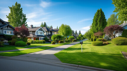 A tranquil suburban neighborhood with lush green lawns and houses, ideal for real estate marketing