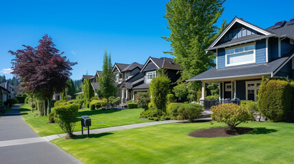 A tranquil suburban neighborhood with lush green lawns and houses, ideal for real estate marketing