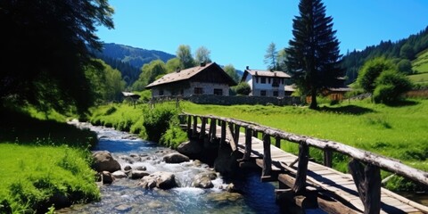 Fototapeta na wymiar A wooden bridge to an old house over a stream with scenery mountains on a background. Generative AI