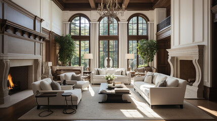 Fototapeta na wymiar An elegant living room in a spacious mansion, emphasizing high-end real estate