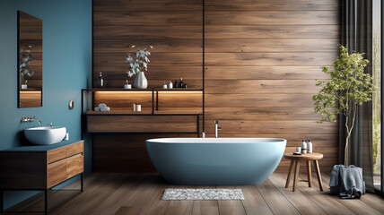 Comfortable bathtub and vanity with basin standing in modern bathroom with blue and wooden walls and wooden floor. Generative AI