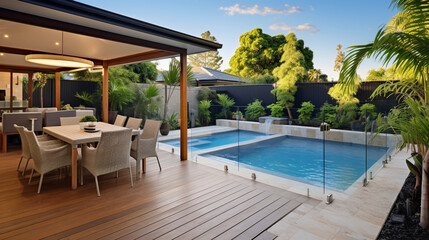 Fototapeta premium An inviting backyard with a swimming pool and outdoor seating, showcasing upscale real estate