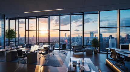 A modern office space with glass walls and city views, illustrating commercial real estate