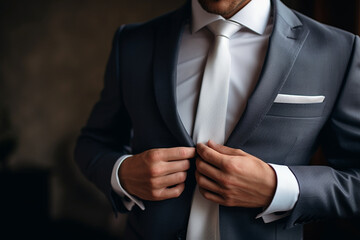 An unrecognizable groom in a shirt is tying a tie, Groom`s accessories