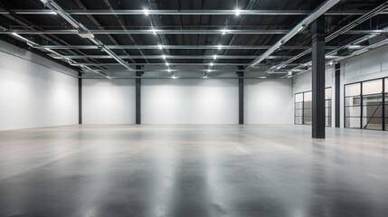 An empty commercial space with an industrial aesthetic, suitable for showcasing retail real estate