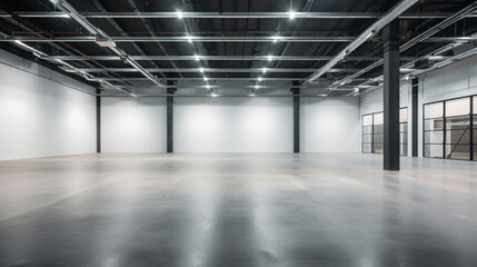 An empty commercial space with an industrial aesthetic, suitable for showcasing retail real estate