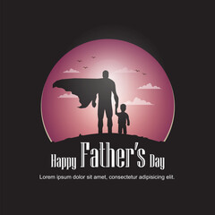 happy father's day with the silhouette of a super dad and son with a purple circle design