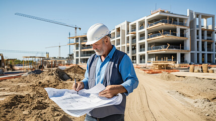 A real estate developer examining a construction site with plans and blueprints