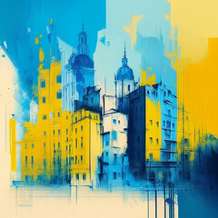 City scape watercolor painting in yellow and blue colors. Abstract buildings in city on watercolor painting.
