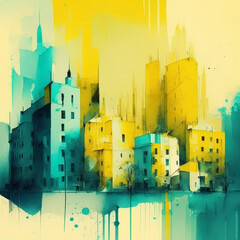 City scape watercolor painting in yellow and teal colors. Abstract buildings in city on watercolor painting.