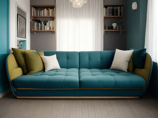 Living room interior with blue sofa and pillows. 3d render.