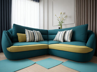 Modern living room with blue sofa and pillows, 3d render.