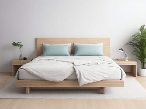 Interior of modern bedroom with white walls, wooden floor, comfortable king size bed with blue and white linen.