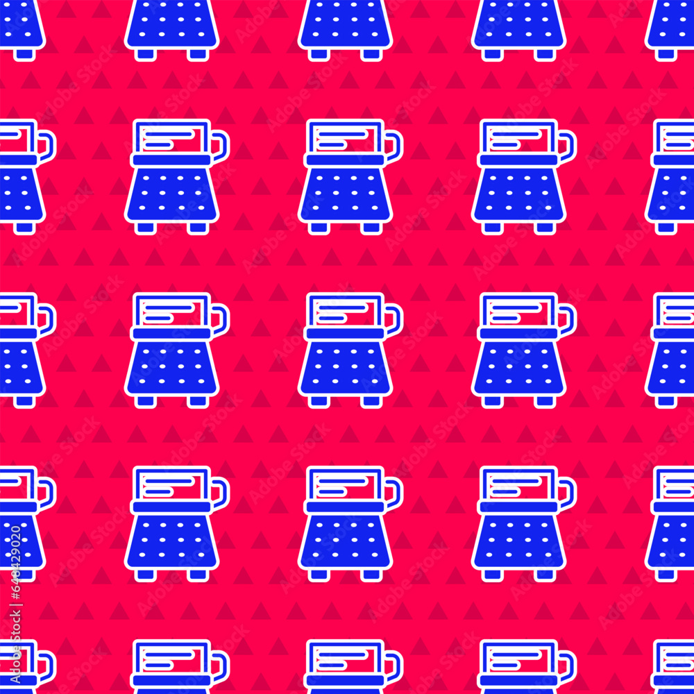 Poster blue retro typewriter and paper sheet icon isolated seamless pattern on red background. vector