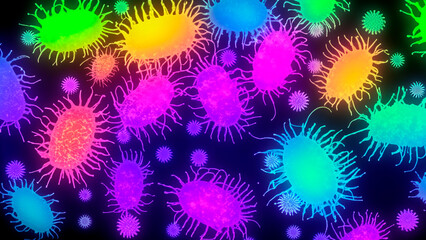 glowing cells atoms neurons bacteria in flourecent lights with dark background