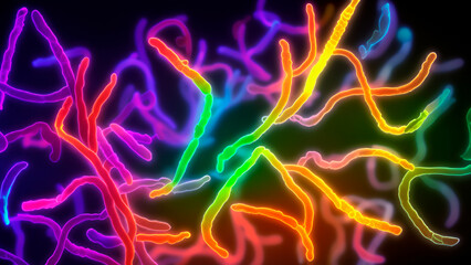 glowing cells atoms neurons bacteria in flourecent lights with dark background