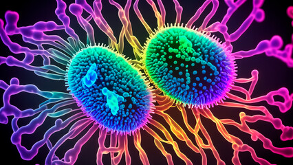 glowing cells atoms neurons bacteria in flourecent lights with dark background