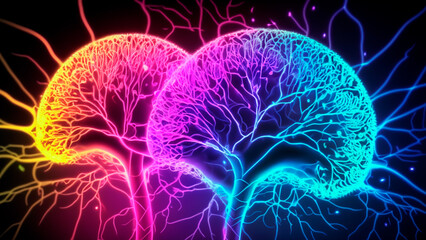 glowing cells atoms neurons bacteria in flourecent lights with dark background