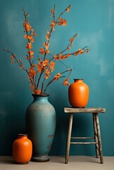Orange glass and white ceramic vase with bouquet of field flowers against blue wall with copy space. Scandinavian home interior design of modern living room.
