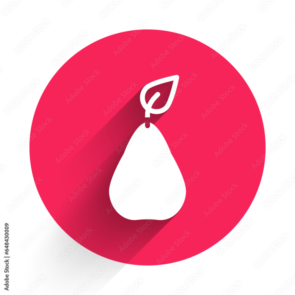 Poster white pear icon isolated with long shadow background. fruit with leaf symbol. red circle button. vec