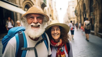 Obraz premium Cityscape stroll: senior travelers embracing local culture, amidst iconic landmarks. Generative ai.