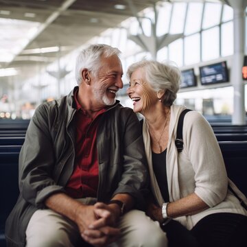 An elderly couple embraces lovingly at the airport, embodying the essence of senior travel and global exploration. Generative ai.