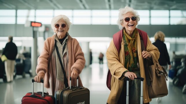 Happy senior ladies with luggage at the airport, ready for their journey. Generative ai.