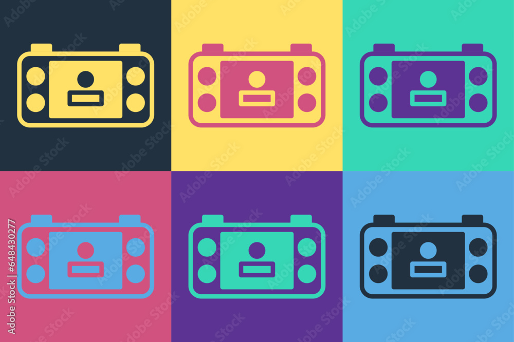 Poster pop art portable video game console icon isolated on color background. handheld console gaming. vect