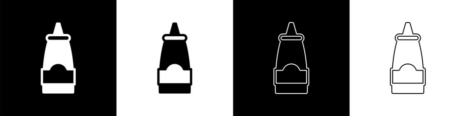 Set Sauce bottle icon isolated on black and white background. Ketchup, mustard and mayonnaise bottles with sauce for fast food. Vector