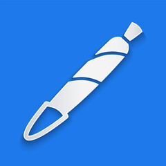 Paper cut Marijuana joint, spliff icon isolated on blue background. Cigarette with drug, marijuana cigarette rolled. Paper art style. Vector