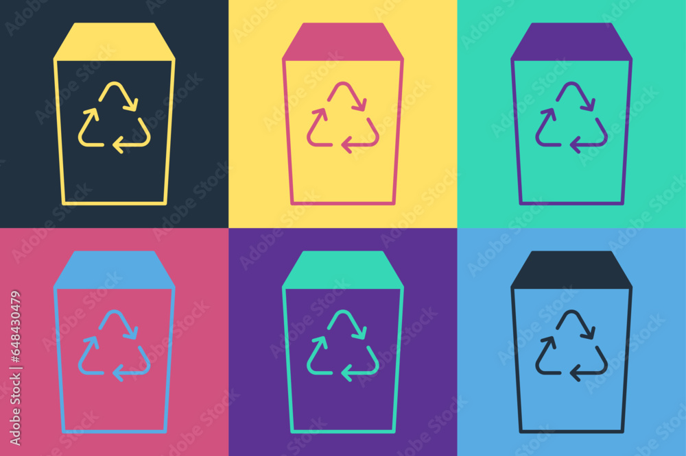 Poster pop art recycle bin with recycle symbol icon isolated on color background. trash can icon. garbage b