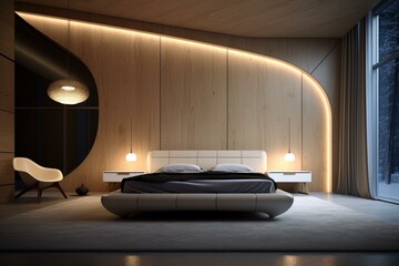 Contemporary night bedroom with plywood interior. Generative AI