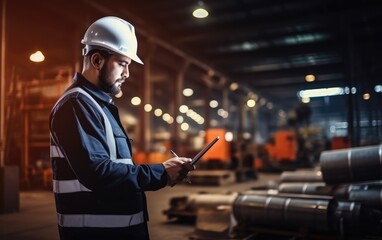 A worker with a tablet on the factory. Generative AI
