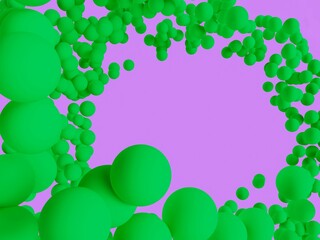 The image of the circular movement of green balls, spheres on a lilac background forms the basis for creativity.