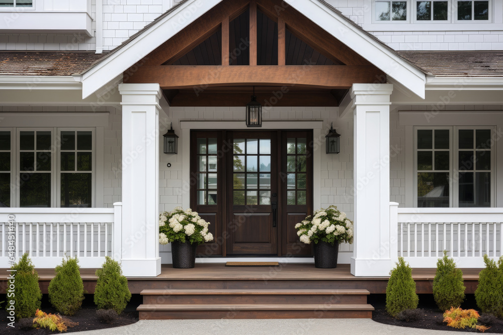 Wall mural beautiful entrance to a white house. wooden entrance door with decorative windows, veranda with colu