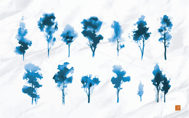 Ink wash painting of blue trees on white paper background. Traditional Japanese ink wash painting sumi-e. Translation of hieroglyph - prosperity.