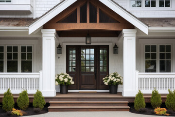 Beautiful entrance to a white house. Wooden entrance door with decorative windows, veranda with columns, flower pots and coniferous plants.