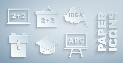 Set Graduation cap, Idea, speech bubble, School backpack, Chalkboard, and icon. Vector