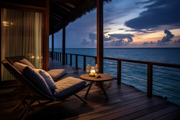 View from a hotel in the Maldives. Romantic evening on a paradise tourist island