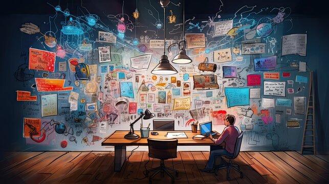 Creative business brainstorming illustration and ideating for innovative projects.