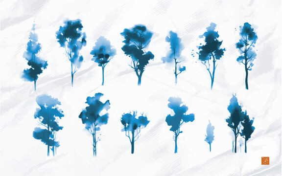 Ink wash painting of blue trees on white paper background. Traditional Japanese ink wash painting sumi-e. Translation of hieroglyph - prosperity.