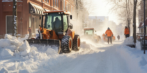 The city is covered with snow. Snow removal by city services. - obrazy, fototapety, plakaty