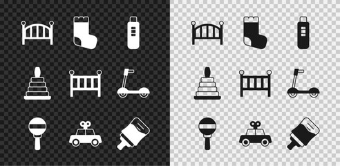 Set Baby crib cradle bed, socks, Pregnancy test, Rattle baby toy, Toy car, bottle, Pyramid and icon. Vector - obrazy, fototapety, plakaty