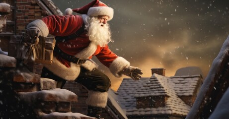 Santa Claus in action, descending a chimney under warm side light.